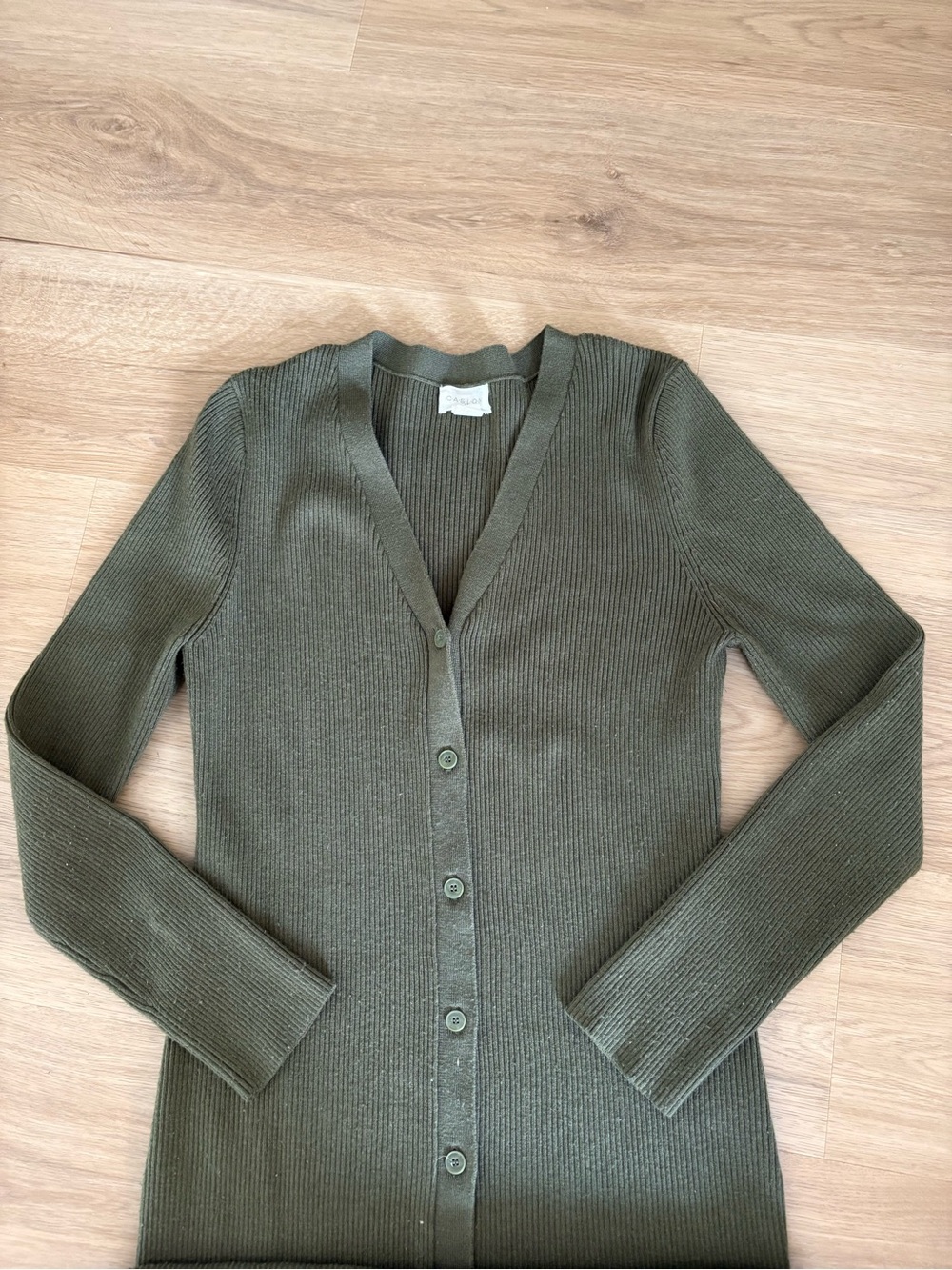 Olive Green Ribbed Button-Front Midi Dress - Picture 2 of 3